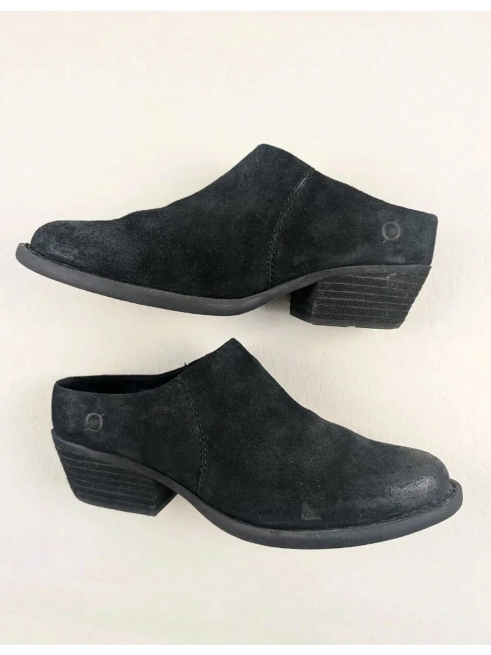 Born Starr Slip On Boot Womens 8.5 Black Suede Distressed Heeled Ankle Mule Clog